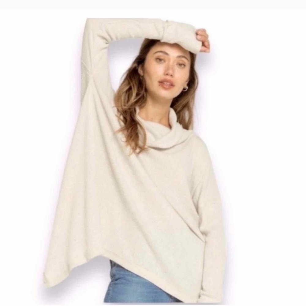 NWT Free People Juicy Long Sleeve Top Cowl Neck Thermal Stone Cold Beige